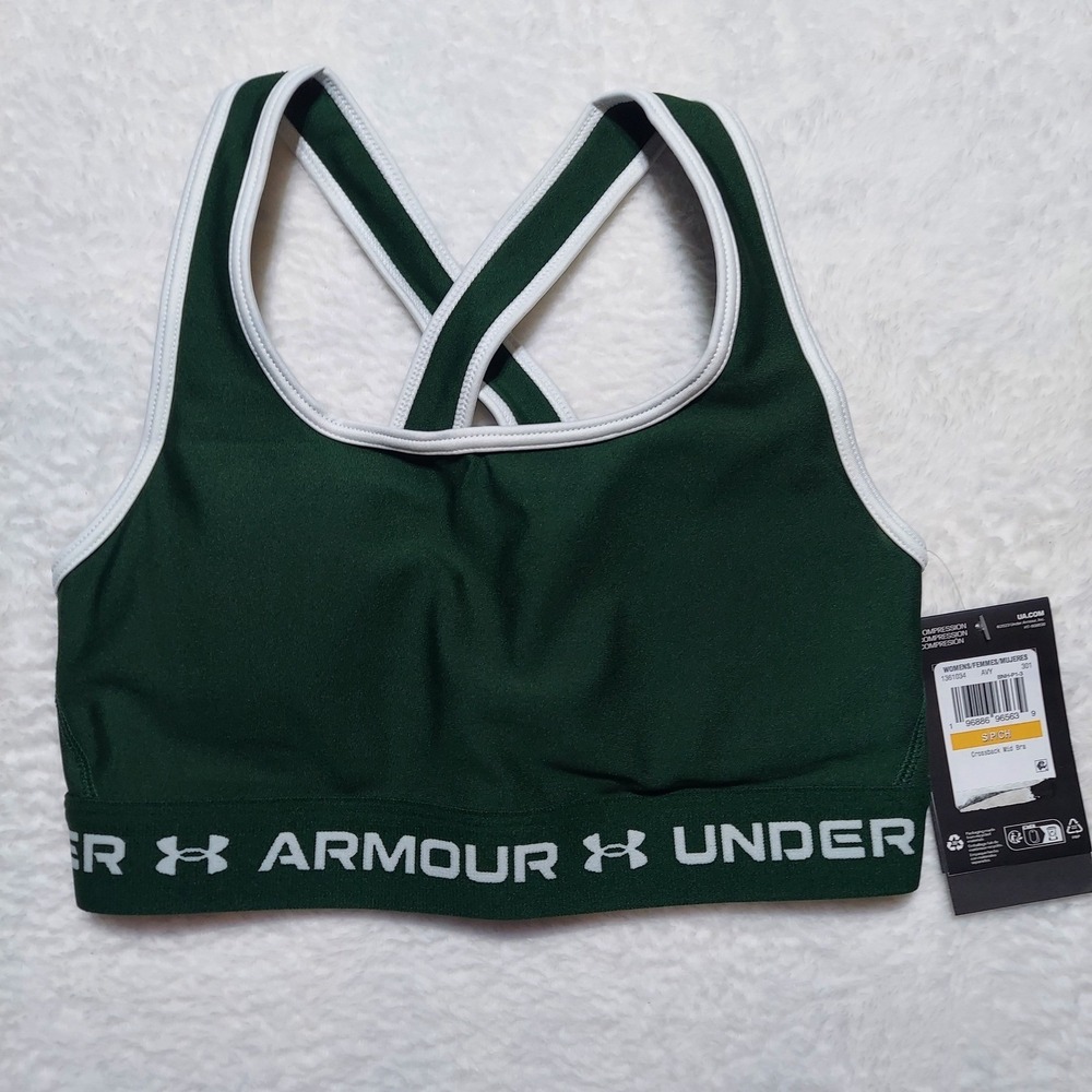 Under Armour Crossback Mid Bra Womens Small Green NEW Compression 1361034-301